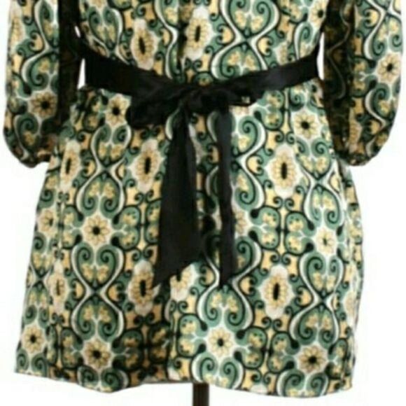 Studio M Silk Blouse Scoop Neck Puff Sleeve Tie Waist Regal Scroll Ikat Green - Picture 8 of 10